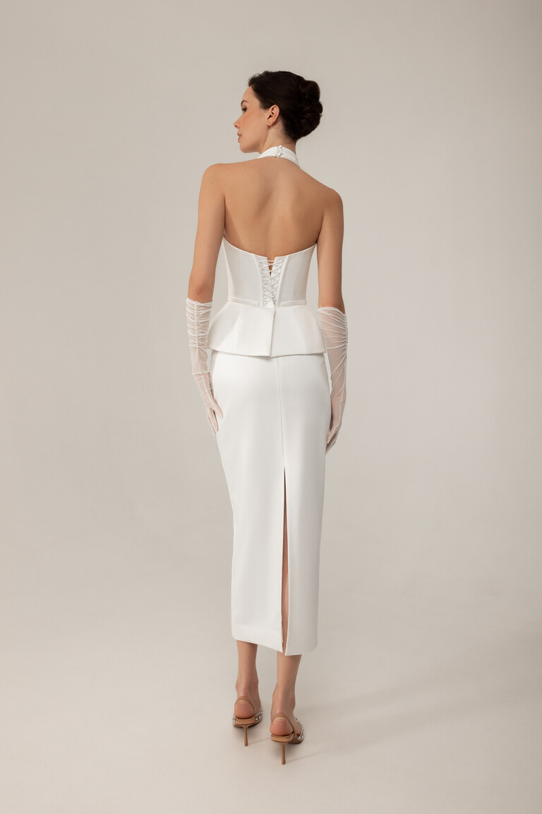 Весільний костюм Сальма з корсетом та атласною спідницею міді
